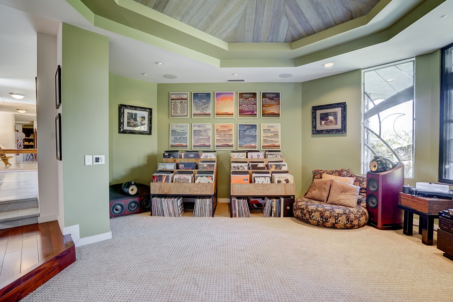 A room with high-end audio speakers and albums.