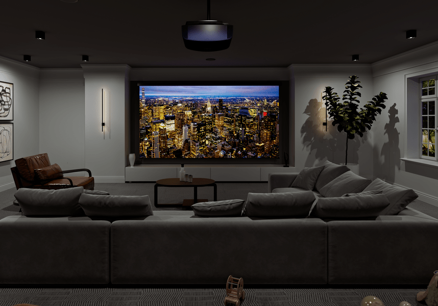 Luxury home theater with a scary movie setup