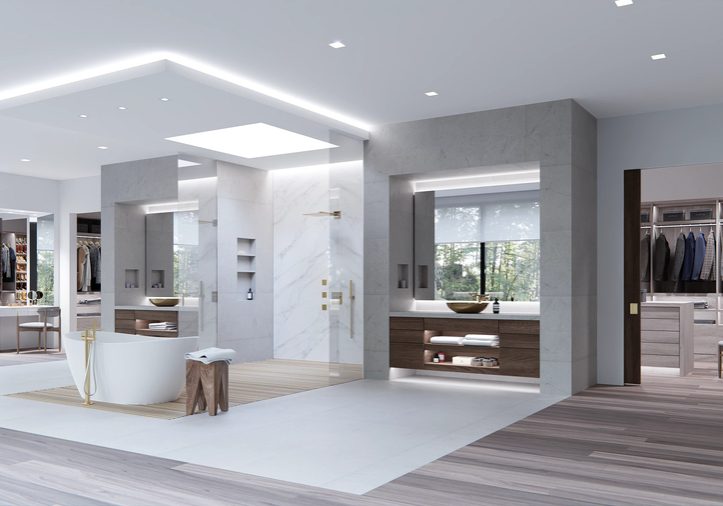 A well-lit bathroom with various light fixtures, dressing rooms, and partially lowered shades.